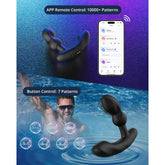 An image showcasing a black, L-shaped Lovense Edge 2 Prostate Massager with dual motors. The top section highlights remote control via the Lovense App, offering powerful stimulation with over 10,000 patterns. The bottom section illustrates button control with seven patterns and features a swimmer in the background.